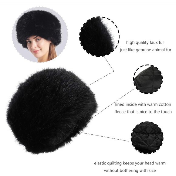 Women's Black Winter Faux Fur Cossak Russian Style Hat Warm Cap - Picture 6 of 7